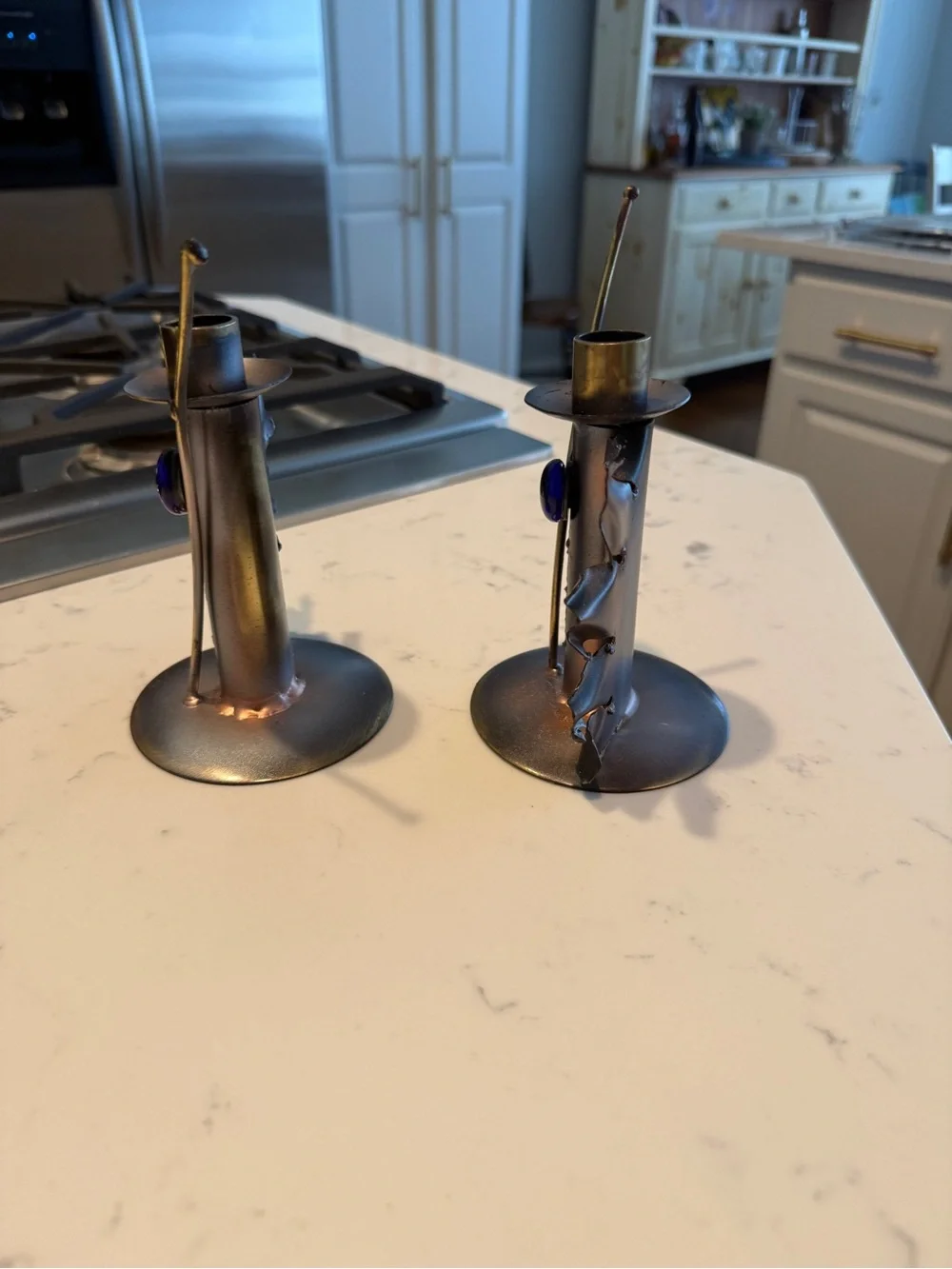Vintage Brutalist Metal Candlestick Holders Pair Leaf Cobalt Glass MCM Decor